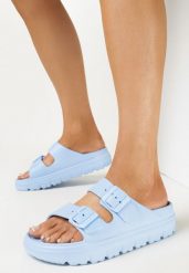 Granatowe Klapki z Paskami ze Sprzączkami na Platformie Avalona. Niebieskie klapki Born2be, bez wzorów, bez obcasa, na platformie. Za 39.99 zł.
