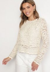 Beżowa Bluzka z Bawełny Ozdobiona Ażurowym Wzorem Melonera. Brązowe bluzki Born2be, l, w ażurowe wzory, z bawełny, eleganckie, bez kołnierzyka, bez ramiączek. W wyprzedaży za 101.99 zł.