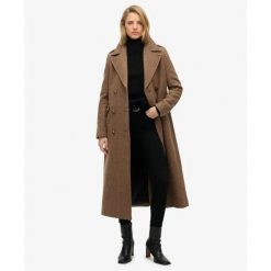 Płaszcz damski z mieszanki wełny z guzikami Superdry. Brązowe płaszcze Superdry, s, bez wzorów, z wełny, bez kaptura. Za 920.00 zł.