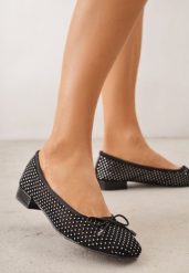 Czarne Siateczkowe Balerinki ze Skórzaną Wkładką Cyrkoniami i Kokardą Ravalana. Czarne baleriny Born2be, z aplikacjami, z jeansu, bez obcasa. Za 69.99 zł.