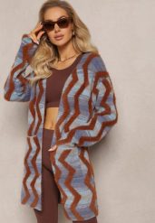 Niebiesko-Brązowy Luźny Kardigan Niezapinany w Geometryczny Print Sheshy. Niebieskie kardigany Renee, bez wzorów, z dzianiny. W wyprzedaży za 111.99 zł.