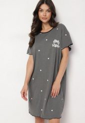 Ciemnoszara Koszula Nocna z Bawełną w Kropki z Napisem Firasine. Szare koszule nocne Born2be, l, bez wzorów, z bawełny, eleganckie, bez ramiączek. Za 39.99 zł.