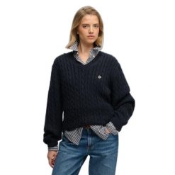 Damski oversize sweter z dekoltem w kształcie V Superdry. Niebieskie swetry Superdry, na zimę, bez wzorów, bez ramiączek. Za 284.00 zł.