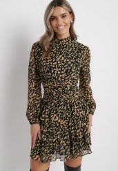 Beżowo-Zielona Rozkloszowana Sukienka Mini w Modny Print Ozdobiona Brokatem Ifigentta. Brązowe sukienki Born2be, na imprezę, l, bez wzorów, bez kołnierzyka, bez ramiączek, mini, rozkloszowane. Za 169.99 zł.