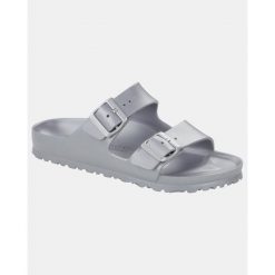 Klapki Birkenstock Arizona Eva Damskie. Szare klapki Birkenstock, bez wzorów, z materiału, bez obcasa. Za 339.00 zł.