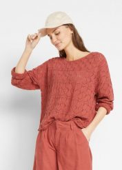 Sweter oversize. Czerwone swetry bonprix, w ażurowe wzory, bez ramiączek. Za 139.99 zł.