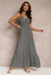 Czarna Sukienka Rozkloszowana z Gumką w Pasie Konasia. Czarne sukienki Renee, na lato, l, bez wzorów, bez kołnierzyka, bez ramiączek, maxi, rozkloszowane. Za 49.99 zł.