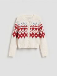 Wzorzysty kardigan - czerwony. Czerwone kardigany Reserved, l, bez wzorów, z dzianiny. Za 159.99 zł.