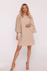 Elegancka sukienka trapezowa z bufiastymi rękawami beżowa. Brązowe sukienki Stylove, s, bez wzorów, eleganckie, bez kołnierzyka, bez ramiączek, trapezowe. Za 329.00 zł.