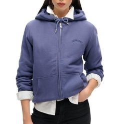 Damska bluza zapinana na zamek z kapturem z wełnianą podszewką Superdry. Szare bluzy Superdry, xs, bez wzorów, z dresówki, z kapturem. Za 394.45 zł.