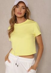 Żółty Bawełniany T-shirt o Fasonie Cropped Galionela. Żółte t-shirty Renee, l, bez wzorów, z bawełny, bez kołnierzyka, bez ramiączek. W wyprzedaży za 59.49 zł.