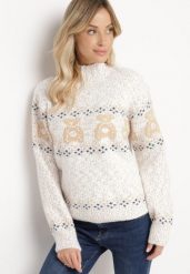 Jasnobeżowy Sweter z Wełną w Misiowy Wzór ze Ściągaczami Dorizelle. Brązowe swetry Born2be, l, bez wzorów, z wełny, bez ramiączek. Za 69.99 zł.
