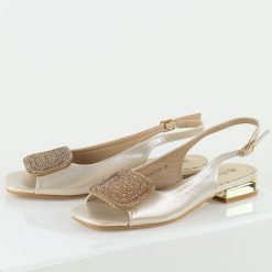 Złote sandały damskie na obcasie Potocki 43314. Żółte sandały POTOCKI, z aplikacjami, ze skóry, eleganckie, bez obcasa, na obcasie, bez zapięcia. Za 169.00 zł.