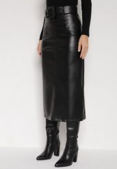 Czarna Spódnica Ołówkowa z Imitacji Skóry z Paskiem z Dużą Klamrą Rewedia. Czarne spódnice Born2be, do pracy, l, bez wzorów, ze skóry, biznesowe, midi, koszulowe. Za 129.99 zł.