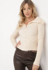 Jasnobeżowy Dopasowany Kardigan w Prążki Zapinany na Suwak z Szerokim Kołnierzem Zinleina. Brązowe kardigany Born2be, s, bez wzorów, z jeansu. Za 49.99 zł.