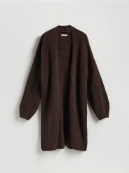 Długi kardigan - ciemnobrązowy. Brązowe kardigany Reserved, l, bez wzorów, z dzianiny. Za 159.99 zł.
