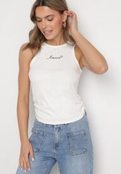 Biały Bawełniany Top Ozdobiony Napisami i Gumkami po Bokach Elanwen. Białe topy Born2be, m, z aplikacjami, z bawełny, bez kołnierzyka, bez ramiączek. Za 34.99 zł.