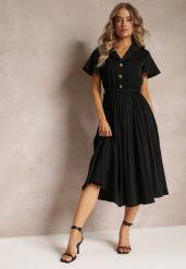 Czarna Retro Sukienka Midi z Plisowaniem i Paskiem na Klamrę Elinerise. Czarne sukienki Renee, l, bez wzorów, retro, bez kołnierzyka, bez ramiączek, midi. Za 89.99 zł.
