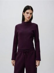 Rozpinana bluza ze stójką - ciemnofioletowy. Fioletowe bluzy Reserved, l, bez wzorów, z dzianiny, bez kaptura. Za 119.99 zł.