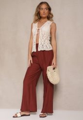Bordowe Wiskozowe Spodnie Palazzo High Waist z Lnem Linaselia. Czerwone spodnie materiałowe Renee, na co dzień, m, bez wzorów, z jeansu, z podwyższonym stanem. Za 64.99 zł.