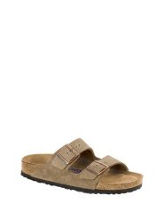 Birkenstock Skórzane klapki w kolorze beżowym rozmiar: 37. Brązowe klapki Birkenstock, bez wzorów, z nubiku, z otwartym noskiem, bez obcasa. Za 442.34 zł.