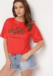 Czerwony T-shirt Ściągany na Dole Troczkiem z Cyrkoniami i Nadrukiem Moasstra. Czerwone t-shirty Born2be, z aplikacjami, z jeansu, bez kołnierzyka, bez ramiączek. Za 64.99 zł.