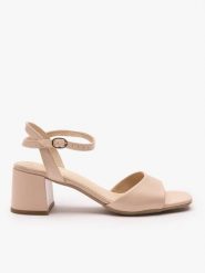 Beżowe sandały na obcasie. Brązowe sandały Ryłko, bez wzorów, ze skóry, eleganckie, bez obcasa, na obcasie, bez zapięcia. Za 399.99 zł.