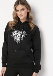 Czarna Bluza z Kapturem i Nadrukiem oraz Ściągaczami Sitta. Czarne bluzy Born2be, l, bez wzorów, z kapturem. Za 74.99 zł.