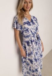 Niebieska Kopertowa Sukienka w Kwiaty z Wiązanym Paskiem i Brokatem Hilingea. Niebieskie sukienki Born2be, do pracy, l, z aplikacjami, biznesowe, bez kołnierzyka, bez ramiączek, midi, dopasowane. Za 119.99 zł.