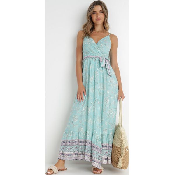 Miętowa Sukienka Komley. Zielone sukienki Born2be, na lato, l, bez wzorów, z materiału, bez kołnierzyka, bez ramiączek, maxi, kopertowe. Za 99.99 zł.