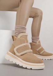 Ciemnobeżowe Śniegowce z Przeszyciami i Futerkiem Newella. Brązowe trapery i śniegowce Born2be, z jeansu. Za 129.99 zł.