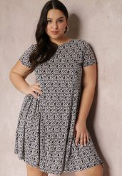 Czarno-Beżowa Sukienka Mini z Krótkimi Rękawami i Wzorem w Kwiaty Cassatha. Czarne sukienki Renee, na lato, m, bez wzorów, bez kołnierzyka, bez ramiączek, mini, rozkloszowane. Za 49.99 zł.