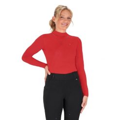Damskie jeździeckie polo QHP Oakleigh. Czerwone koszulki polo QHP, bez wzorów, z materiału, bez kołnierzyka, bez ramiączek. Za 291.50 zł.