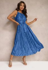 Niebieska Sukienka Plisowana z Paskiem w Talii na Cienkich Ramiączkach Wasea. Niebieskie sukienki Renee, na co dzień, m, bez wzorów, z jeansu, eleganckie, bez kołnierzyka, bez ramiączek, midi, plisowane. Za 59.99 zł.
