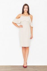Elegancka Beżowa Sukienka Mini z Falbanką przy Dekolcie. Brązowe sukienki Figl, na imprezę, xl, bez wzorów, z materiału, eleganckie, bez kołnierzyka, bez ramiączek, mini. Za 269.00 zł.