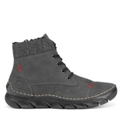 Botki Rieker. Szare botki Rieker, bez wzorów, bez obcasa, na płaskiej podeszwie, bez zapięcia. Za 244.99 zł.