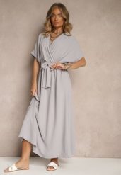 Szara Rozkloszowana Sukienka z Bawełną i Paskiem Lunapinia. Szare sukienki Renee, na co dzień, l, bez wzorów, z bawełny, bez kołnierzyka, bez ramiączek, maxi, kopertowe. Za 54.99 zł.