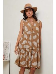 Le Monde du Lin Lniana sukienka w kolorze jasnobrązowym rozmiar: 36/38. Brązowe sukienki Le Monde du Lin, bez wzorów, ze lnu, klasyczne, bez kołnierzyka, bez ramiączek, midi, rozkloszowane. Za 165.99 zł.