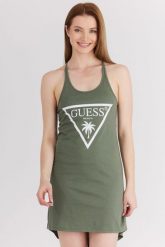 GUESS Zielona damska sukienka z trójkątnym logo na ramiączka, Rozmiar XS. Zielone sukienki Guess, s, z aplikacjami, bez kołnierzyka, bez ramiączek. W wyprzedaży za 109.99 zł.