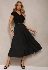 Czarna Sukienka o Rozkloszowanym Kroju z Krótkim Rękawem i Paskiem z Ekoskóry Frinna. Czarne sukienki Renee, na co dzień, bez wzorów, eleganckie, bez kołnierzyka, bez ramiączek, midi, rozkloszowane. Za 179.99 zł.