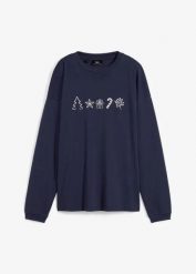 Bluzka oversize z długim rękawem i haftowanymi świątecznym motywami. Czerwone bluzki bonprix, bez wzorów, wizytowe, bez kołnierzyka, bez ramiączek. Za 64.99 zł.