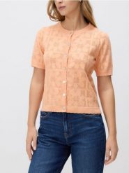 Ażurowy kardigan - jasnopomarańczowy. Brązowe kardigany Reserved, l, w ażurowe wzory, z bawełny. Za 99.99 zł.