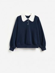 Bluza z ozdobnym kołnierzem - granatowy. Niebieskie bluzy Reserved, l, bez wzorów, z bawełny, bez kaptura. Za 119.99 zł.