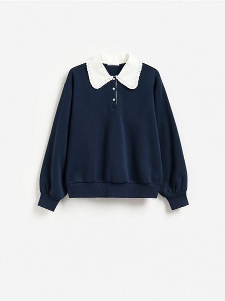 Bluza z ozdobnym kołnierzem - granatowy. Niebieskie bluzy Reserved, l, bez wzorów, z bawełny, bez kaptura. Za 119.99 zł.