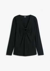 Bluzka z długim rękawem i ozdobnym dodatkiem. Czarne bluzki bonprix, bez wzorów, eleganckie, bez kołnierzyka, bez ramiączek. Za 64.99 zł.