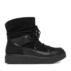 Śniegowce Rieker. Czarne botki Rieker, bez wzorów, bez obcasa, bez zapięcia. Za 419.99 zł.