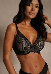 Czarno-Beżowy Koronkowy Biustonosz w Klasycznym Stylu Coralee. Czarne biustonosze Renee, z aplikacjami, z koronki. Za 29.99 zł.