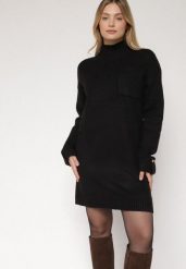 Czarna Dzianinowa Sukienka z Półgolfem z Domieszką Wełny i Wiskozą Nesara. Czarne sukienki Born2be, na co dzień, na zimę, uniwersalny, bez wzorów, z dzianiny, bez kołnierzyka, bez ramiączek, midi. Za 129.99 zł.