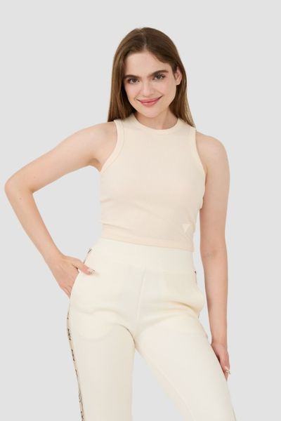 GUESS Beżowy damski top Edie Tank, Rozmiar S. Brązowe topy Guess, s, z aplikacjami, bez kołnierzyka, bez ramiączek. W wyprzedaży za 93.99 zł.