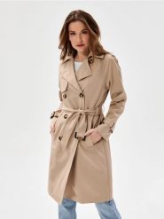 Długi płaszcz z ozdobnymi guzikami - beżowy. Brązowe płaszcze Sinsay, l, bez wzorów, bez kaptura. Za 119.99 zł.